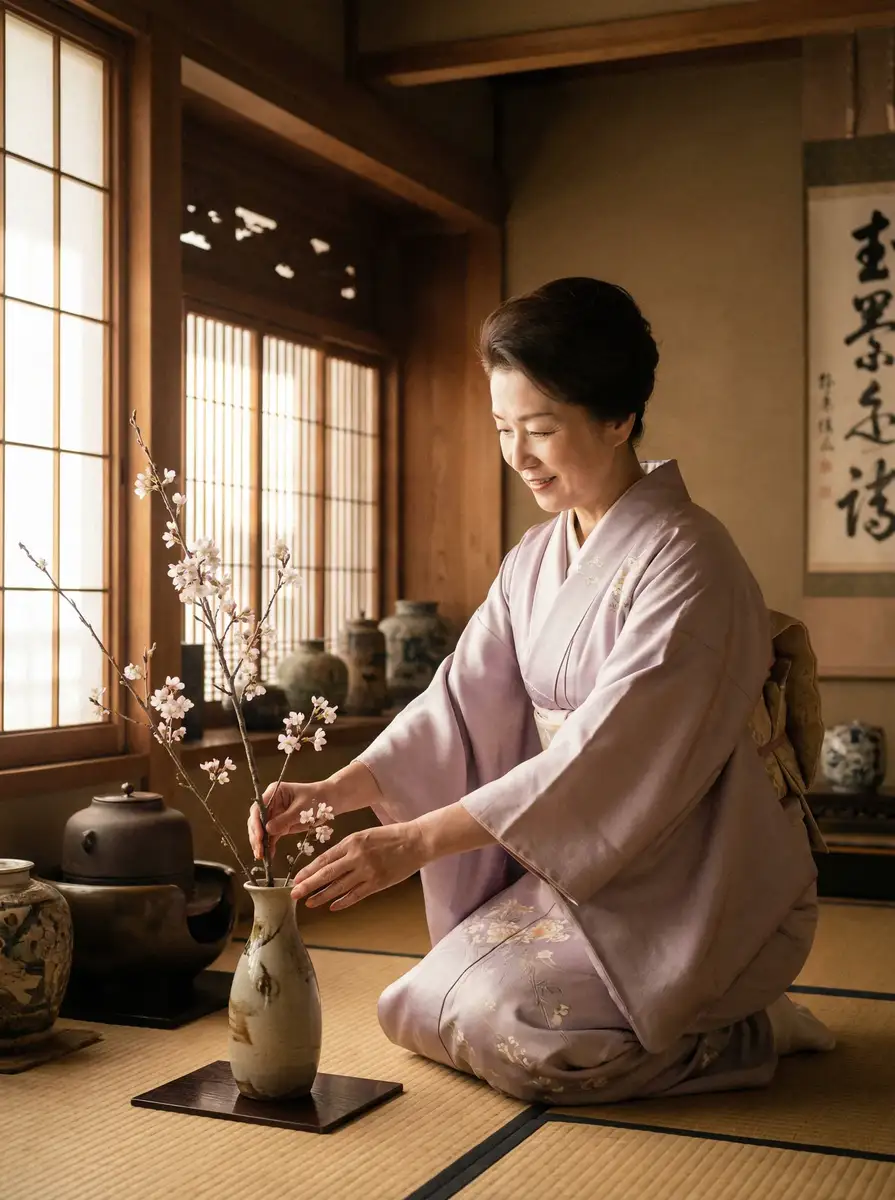 一位优雅的 青梅竹马是消防员未增删E站 在和室中插花
